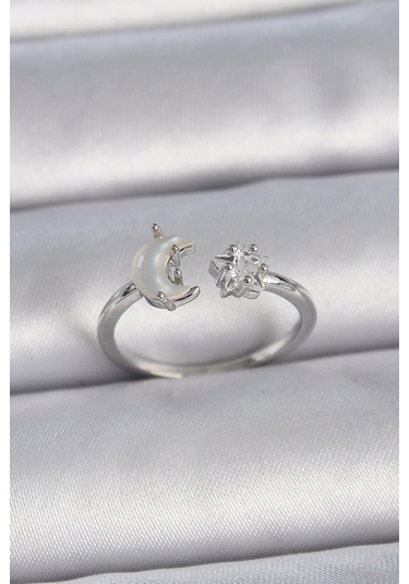 Gümüş Renk İncili Hilal Zirkon Taşlı Yıldız Ayarlanabilir Kadın Yüzük - Ebj261410w29220 Bakır