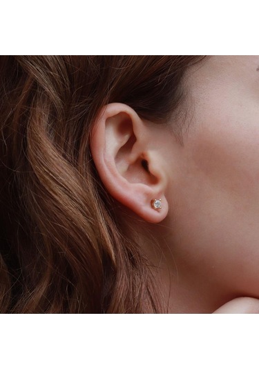 Starlıght Diamond Tek Taş Round Kesim Gold Kaplama Küpe Gümüş