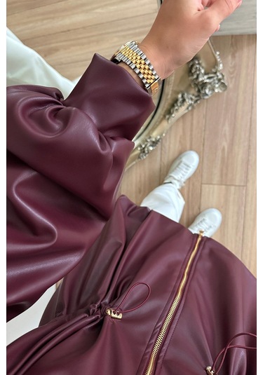 Beli Büzgülü Deri Ceket - Bordo Bordo