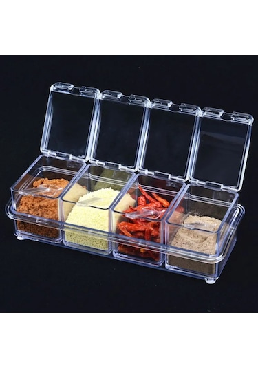 Kosona Ev Mutfak 4 Bölmeli Transparan Baharat Kutusu, Tuzluk Depolama Kutu, Pişirme İçin Şeffaf Baharat Kabı Kaşık İle ŞEffaf