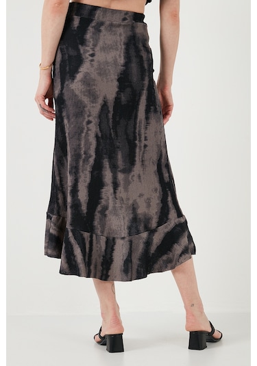 Lela Regular Fit Desenli Yüksek Bel Volanlı Midi Boy Yırtmaçlı Bayan Etek 5869013 Siyah