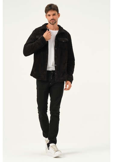 Erkek Çıt Çıt Detaylı Cepli Peluş Ceket Siyah