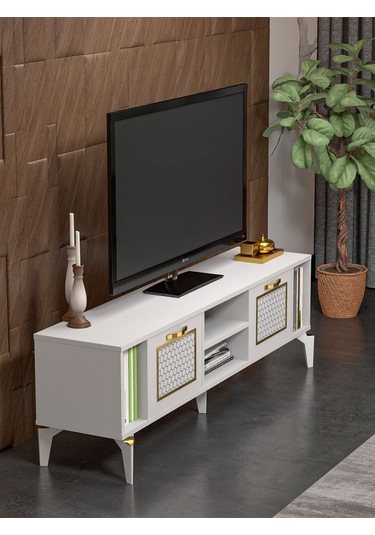 Tv Sehpası Tv Ünitesi Beyaz Gold 160 Cm Linya 5042 Sarı