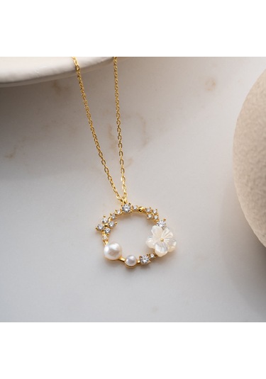 925 Ayar Gümüş Sedef Taşlı İncili Kolye Gold