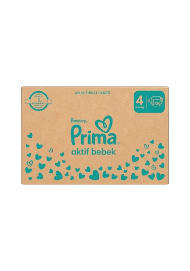 Prima Aktif Bebek 4 Beden Maxi Bebek Bezi Aylık Fırsat Paketi 136 Adet