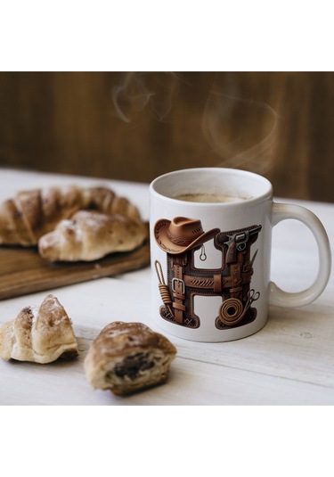 H Harfi Kovboy Temalı Bardak 330 Ml İsim / Harf Kişiye Özel Hediye - Vahşi Batı Konsept Beyaz