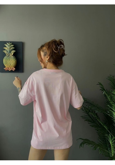 Kadın Oversize Basic Tişört Salaş Kesim Pamuklu Günlük T-shirt Pembe
