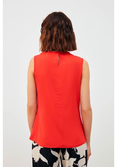 Sateen Degaje Yaka Kolsuz Bluz - Mercan