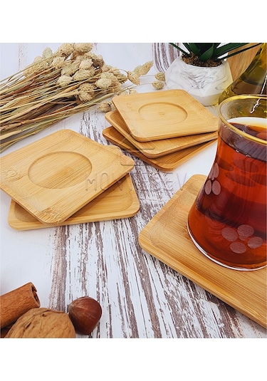 Ahşap Çay Tabağı 6 Lı Set Bardak Fincan Kupa Altlığı Kare Ahşap