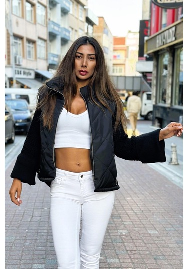 Keyifli Moda Kadın Siyah Dik Yaka Kolları Triko Cepleri Fermuarlı Şişme Mont - 36 Siyah