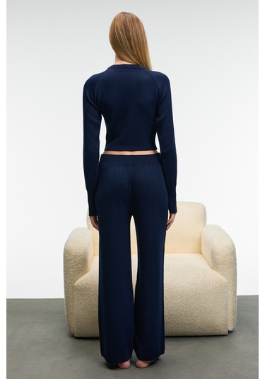 Grımelange Marıposa Kadın Yuvarlak Yaka Çizgi Desenli Crop Geniş Paça Triko Lacivert Alt-üst Takım Lacivert