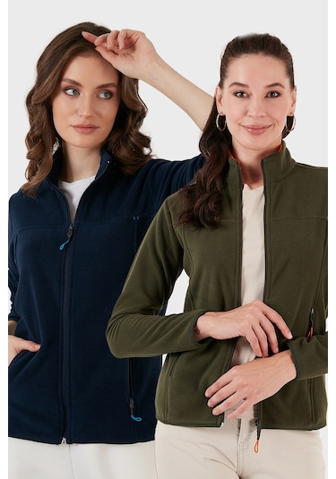Lela Slim Fit Anti-Pilling Tüylenme Yapmayan Fermuarlı Cepli Hırka 2' Li Paket Bayan Polar 5907002S2 Haki-Lacivert