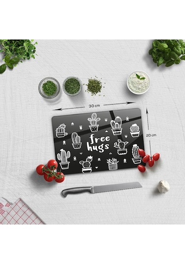 Decorita Cam Kesme Tahtası|Free Hugs-Siyah Fon|20cm x 30cm