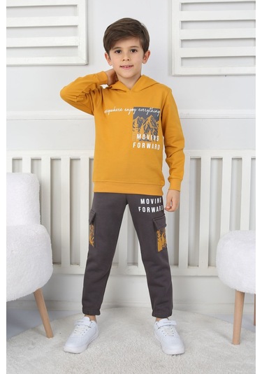 Moving Forward Kargo Cep Kapüşonlu 2 İplik Şardonlu Alt-üst Erkek Çocuk Eşofman Takımı Hardal