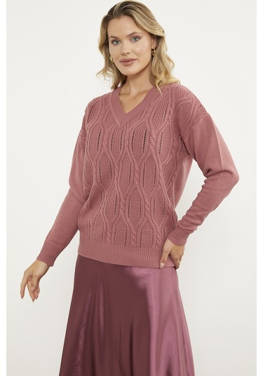 V Yaka Motifli Triko Kazak - Gül 001