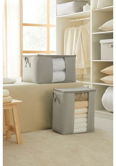 Ocean Home Textile 2'li Pvc Pencereli Gri Balıksırtı Hurç Set 1 Adet 45 x 30 x 50 / 1 Adet 60 x 43 x 35 cm