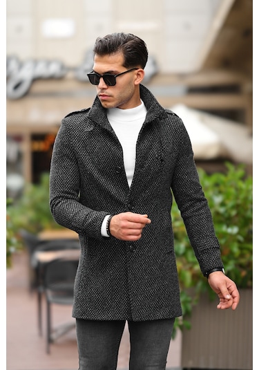 Erkek Dar Kesim Dik Yaka Uzun Koyu Desenli Kaşe Kaban Füme