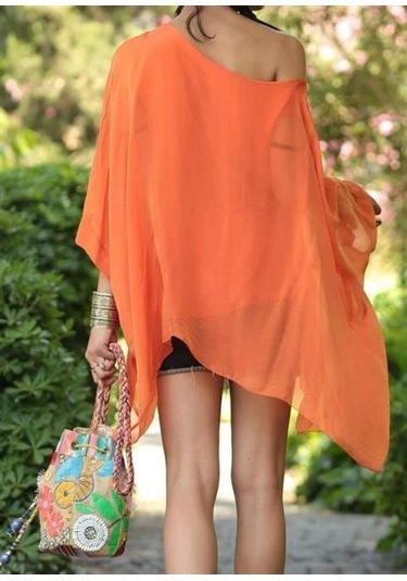 İtalyan Yarasa Kollu İpek Bluz Oranj