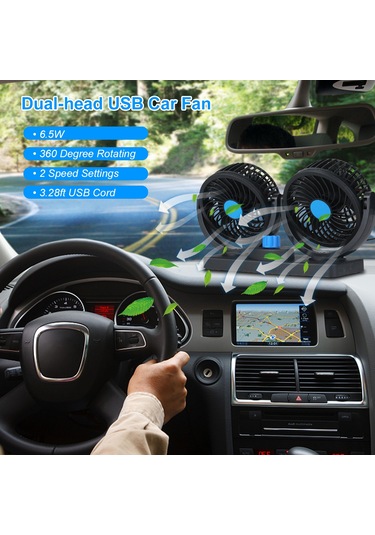 Springsun 12v Usb Çift Başlı Soğutma Fanı, 360 Derece Dönebilen, 2 Hızlı, Ev Ve Araç İçin Sessiz Motorlu Mavi Siyah Fan