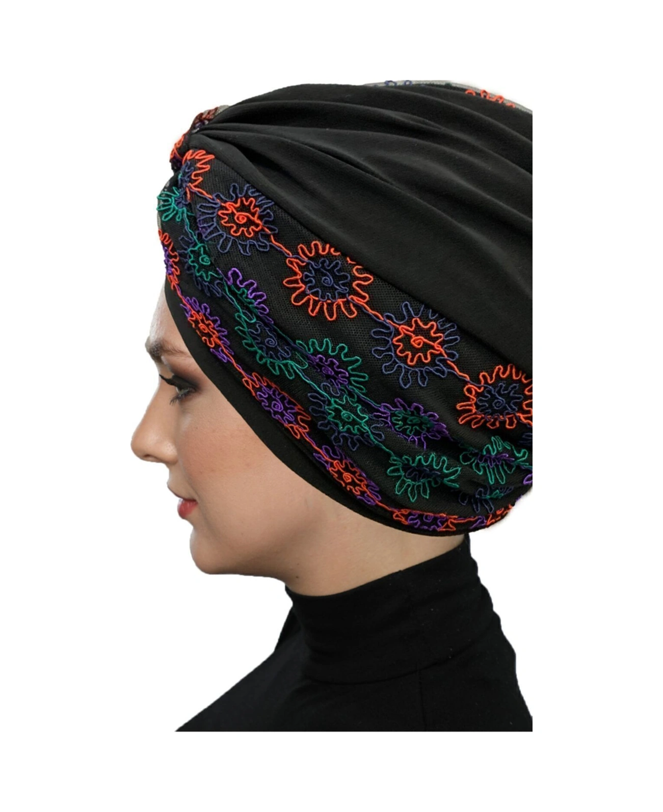 Otantik Nakış Motifli Astarlı Hazır Türban Tesettür Bone Siyah 10