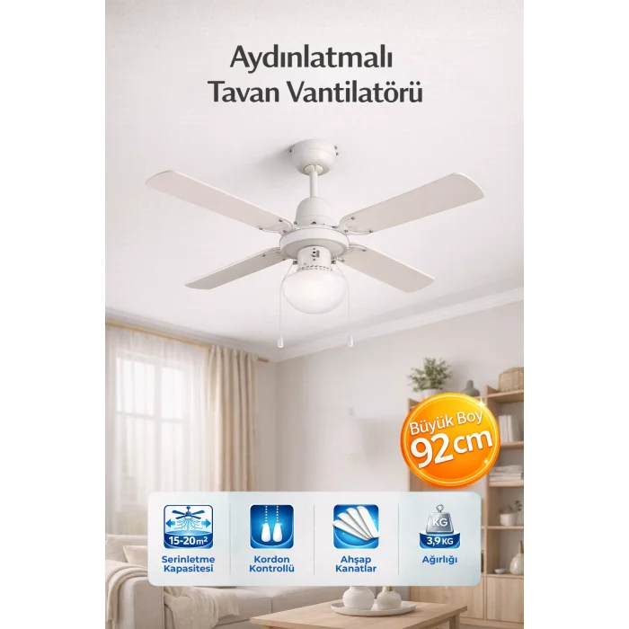 Avizeli Tavan Vantilatörü Beyaz Kanat 3 Kademeli 92 Cm Sağ Sol Dönme Özelliği