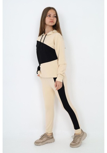 Kız Çocuk %100 Pamuk Garnili Kapüşonlu Uzun Kol Alt&üst Eşofman Takım-eşt-0018 KREM