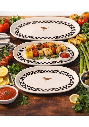 Damalı Kuşlu 3 Lü Kayık Tabak Beyaz - Siyah