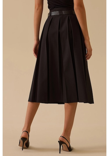 Seçil Kadın Kemerli Pile Detaylı Midi Etek 0003 Siyah Siyah