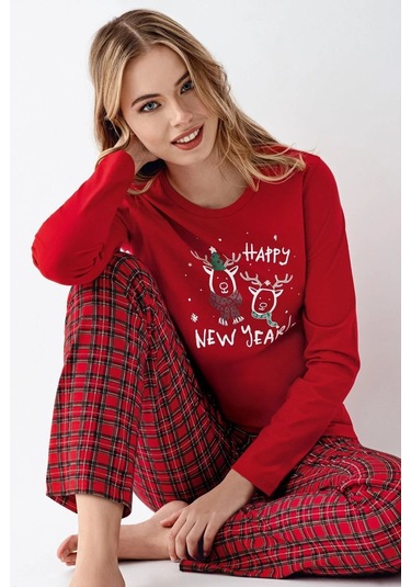 Arnetta 3514 Anne&kız Uzun Kollu Bisiklet Yaka Pijama Takımı-kırmızı Kırmızı