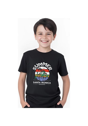 Summer Baskılı Erkek Çocuk Yuvarlak Yaka Kısa Kollu T-shirt Siyah