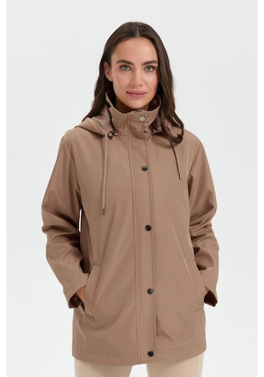 Desen Triko Kadın Kapüşonlu Yan Cepli Kısa Trençkot 24417 Vizon Vizon