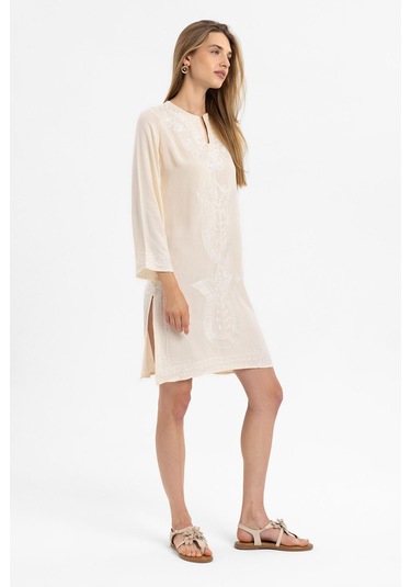 Krem İşlemeli Uzun Kollu Astarsız Pamuklu Kısa Elbise-krem Krem