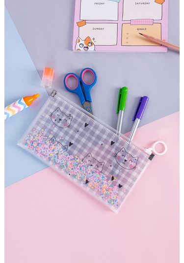 Simli Şeffaf Kalem Çantası - Kedi Desen