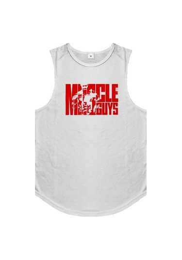 Beyaz Muscleguys Spor Moda Tank Top Yaz Spor Salonu Vücut Geliştirme Kolsuz T-shirt Erkek Tranning Yelek Spor Örgü Muscleguys Baskılı Atlet Beyaz