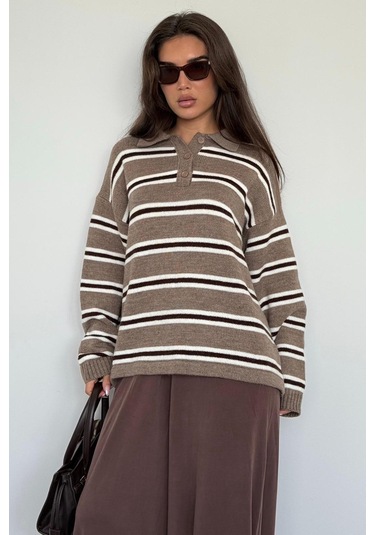 Vizon Polo Yaka Çizgili Kadın Triko Kazak Mg2469 Vizon