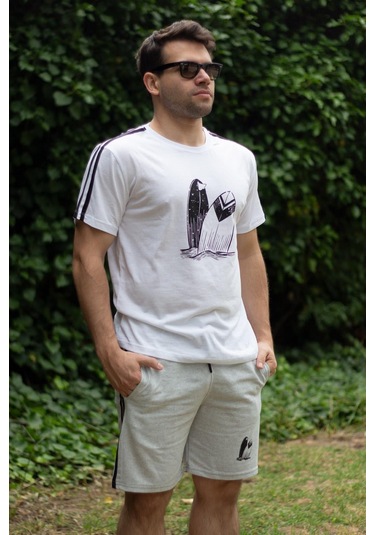 Erkek Gri Beyaz Alt Üst Takım Pamuklu Rahat Yumuşak Dokulu Şort Takım 23eest0171 001