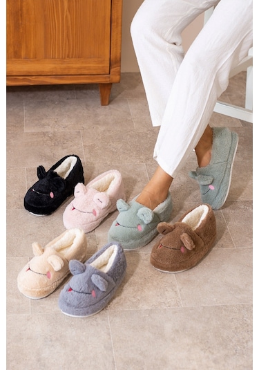 Albishoes Kışlık Içi Tüylü Kadın Ev Ayakkabı Kurbağa Figürlü Kaydırmaz Rahat Taban Panduf Ev Botu Bej