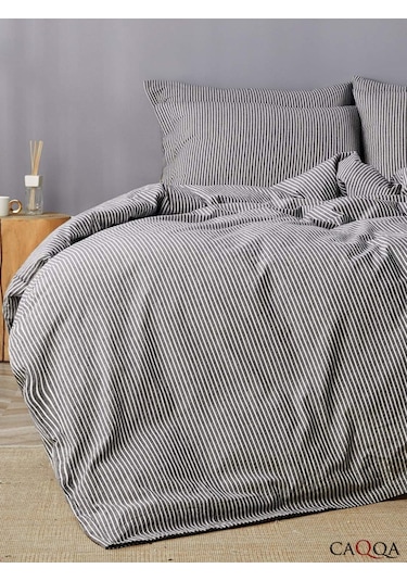 Caqqa Line Striped Naturel Pamuk Çift Kişilik Nevresim Takımı Antrasit