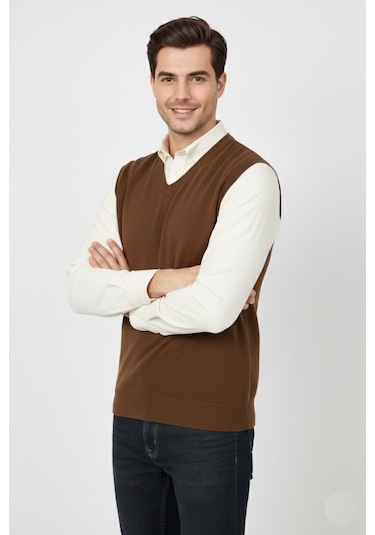 Erkek V Yaka Süveter Çelik Örgü Regular Kalıp Bgl-st04839 Taba