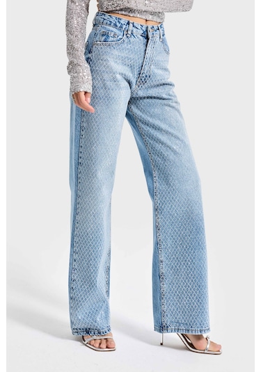 Itsbasic Kadın Kot Rengi Doris T34s527 Parlak Taşlı Tasarım Straight Fit Denim Jean Taşlı Kot Rengi