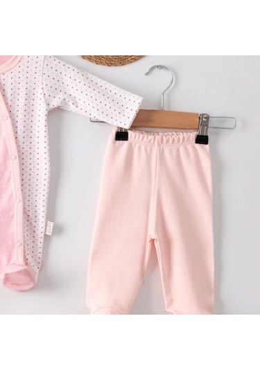 Candar 3 Ay Kelebek Nakışlı Puanlı Tulumlu Kız Bebek 5'li Set Pembe