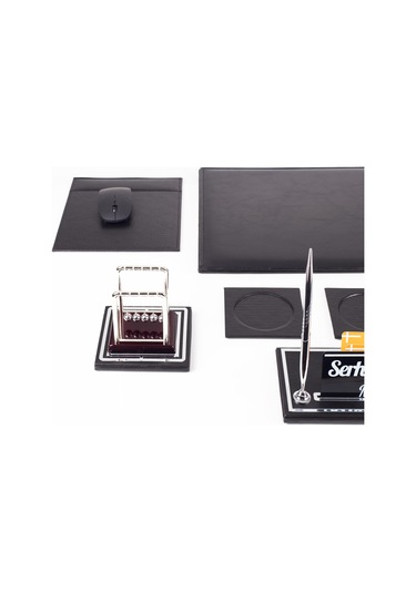 Opta 10 Parça Denge Topu Biblolu Siyah Deri Sümen Seti Takımı Gümüş Ofis Masa İsimliği Lüks İsimlik