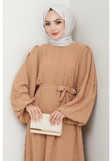 Kuşaklı Ponpon Detay Ayrobin Elbise 1538 - Vizon Vizon