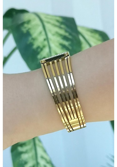 Allmisse Altın Kaplama Zirkon Taşlı Roma Rakam Detaylı Çelik Kaburga Bileklik