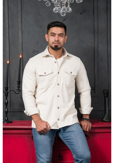 Advante Slimfit Çift Kapak Cepli Astarsız Kaşe Gömlek Krem