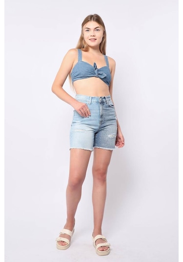 Banny Jeans Kadın Mavi Yırtık Detaylı Jean Şort Mavi