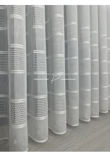 Tül Perde Monalisa Desen Bantlı Şerit Armür Etek Kurşun Sarım Ekru-ekru