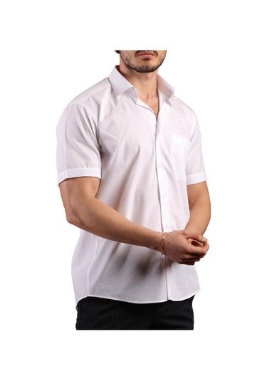 Beyaz Kısa Kol Rahat Kesim Cepli Regular Fit Erkek Gömlek - 500-1 001