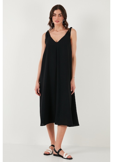 Lela Oversize Fit V Yaka Midi Boy Basic Bayan Elbise 6788688 Siyah