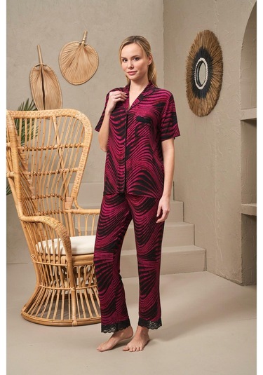Pjs 25140 Kadın Yakalı Düğmeli Desenli Kısa Kollu Pijama Takım Bordo